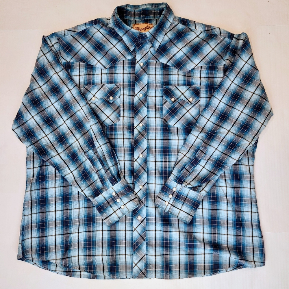 Wrangler Pearl Snap Shirt Mens XL Blue Plaid Brushpopper Western Sawtooth USA